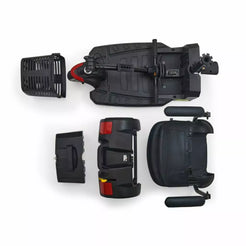 Buzzaround LT 3 Wheel Mobility Scooter disassembled with seat, battery, and basket components visible