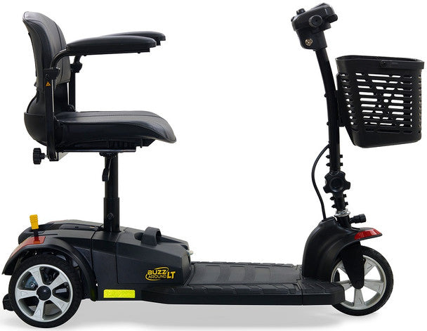 Buzzaround LT 3 Wheel Mobility Scooter in black with comfortable seat and basket for easy transport