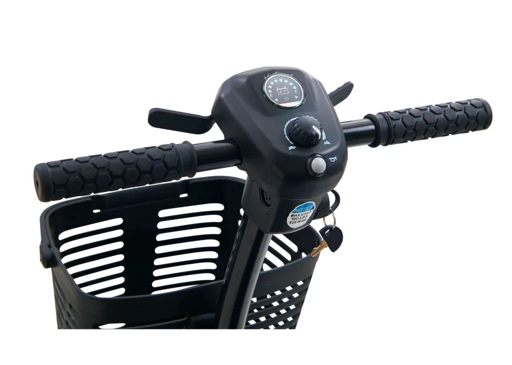 Control panel of GOLDEN TECHNOLOGIES Buzzaround LT 4 Wheel Mobility Scooter with ergonomic grips