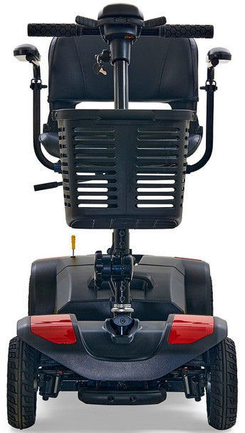 Rear view of the Buzzaround LT 4 Wheel Mobility Scooter with adjustable seat and storage basket