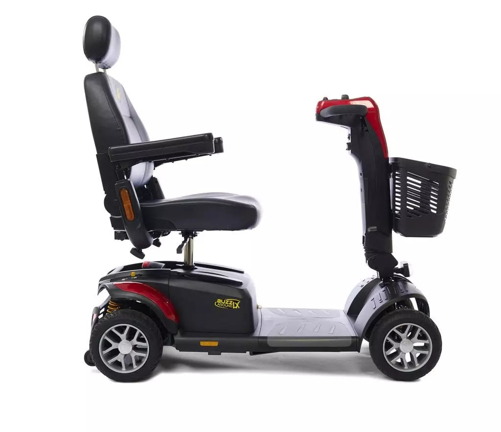 Buzzaround LX Luxury 4 Wheel Mobility Scooter featuring a comfortable seat and convenient storage basket