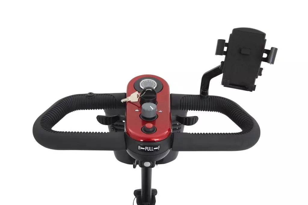 Buzzaround XL 4 Wheel Mobility Scooter's control panel with easy-to-use handlebars and phone holder