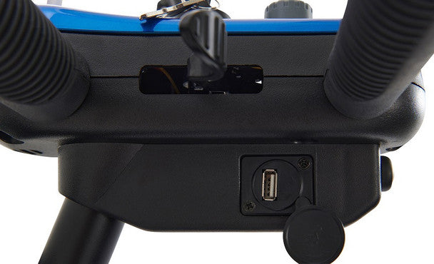 Close-up view of the charging port on the Buzzaround XL 4 Wheel Mobility Scooter for easy access