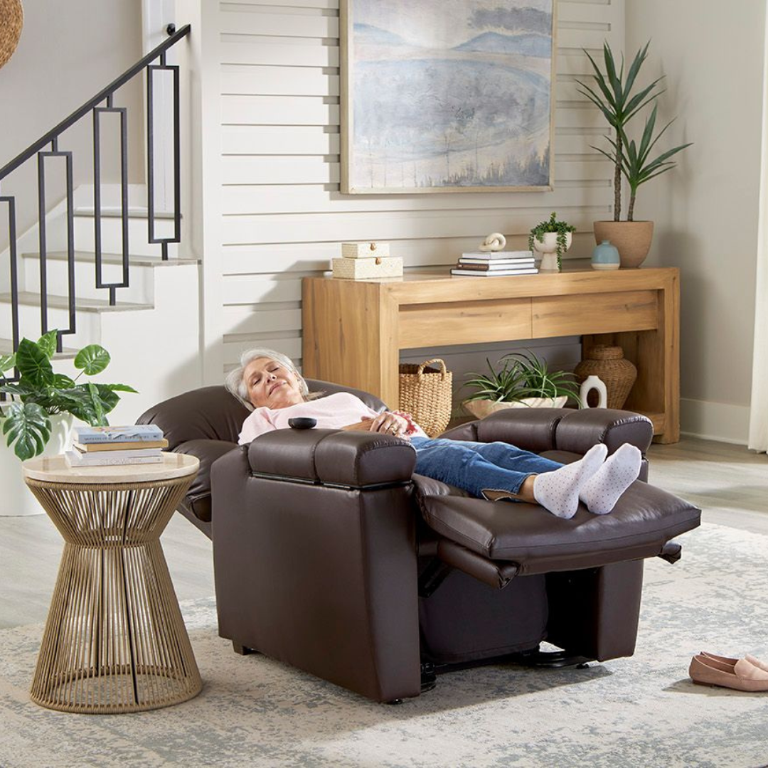 GOLDEN TECHNOLOGIES Cloud Plus With MaxiComfort Power Lift Recliner in brown, shown reclined for relaxation