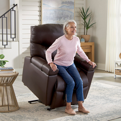 Golden Technologies Cloud Plus With MaxiComfort Power Lift Recliner in brown with user sitting up