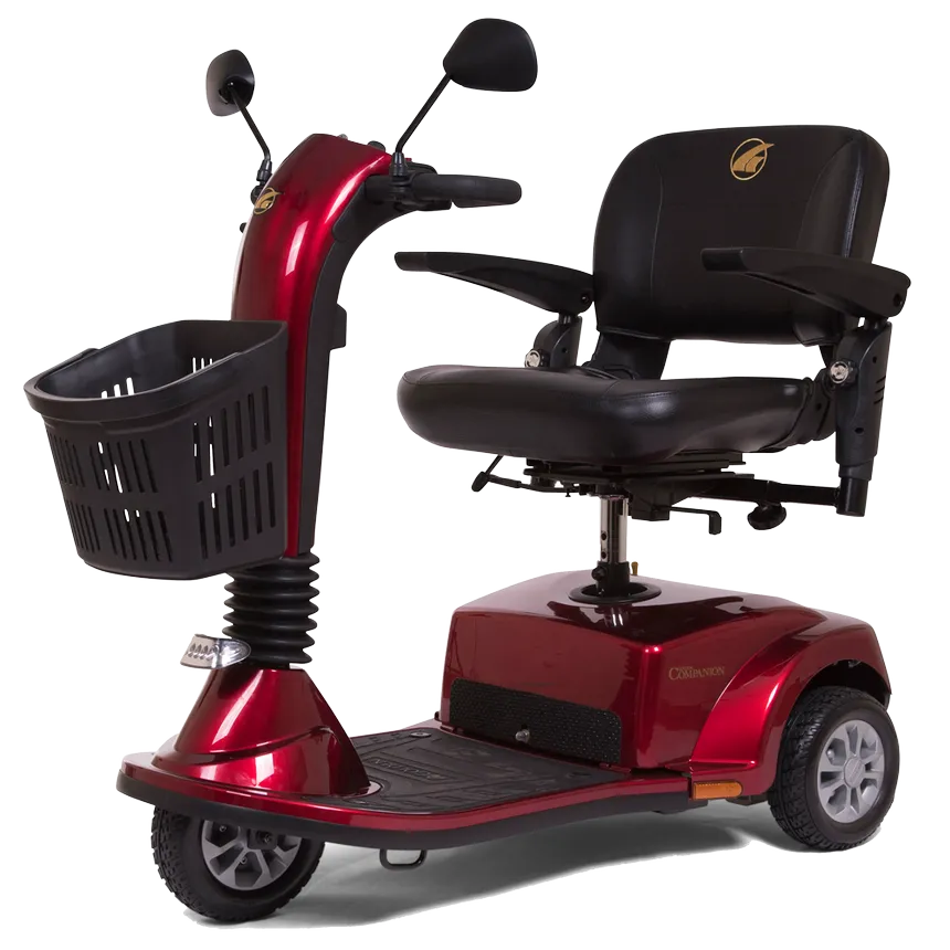 GOLDEN TECHNOLOGIES Companion 3 wheel Mobility Scooter in red with comfortable seating and storage basket
