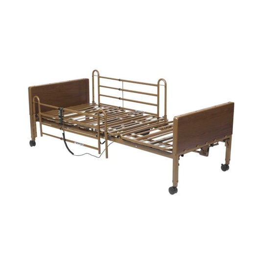 Drive Medical Competitor II Semi Electric Hospital Bed with wooden head and footboards and side rails on wheels