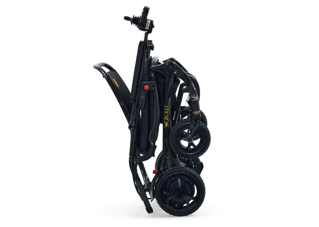 GOLDEN TECHNOLOGIES Cricket Carbon Fiber Foldable Electric Power Chair in compact folded position