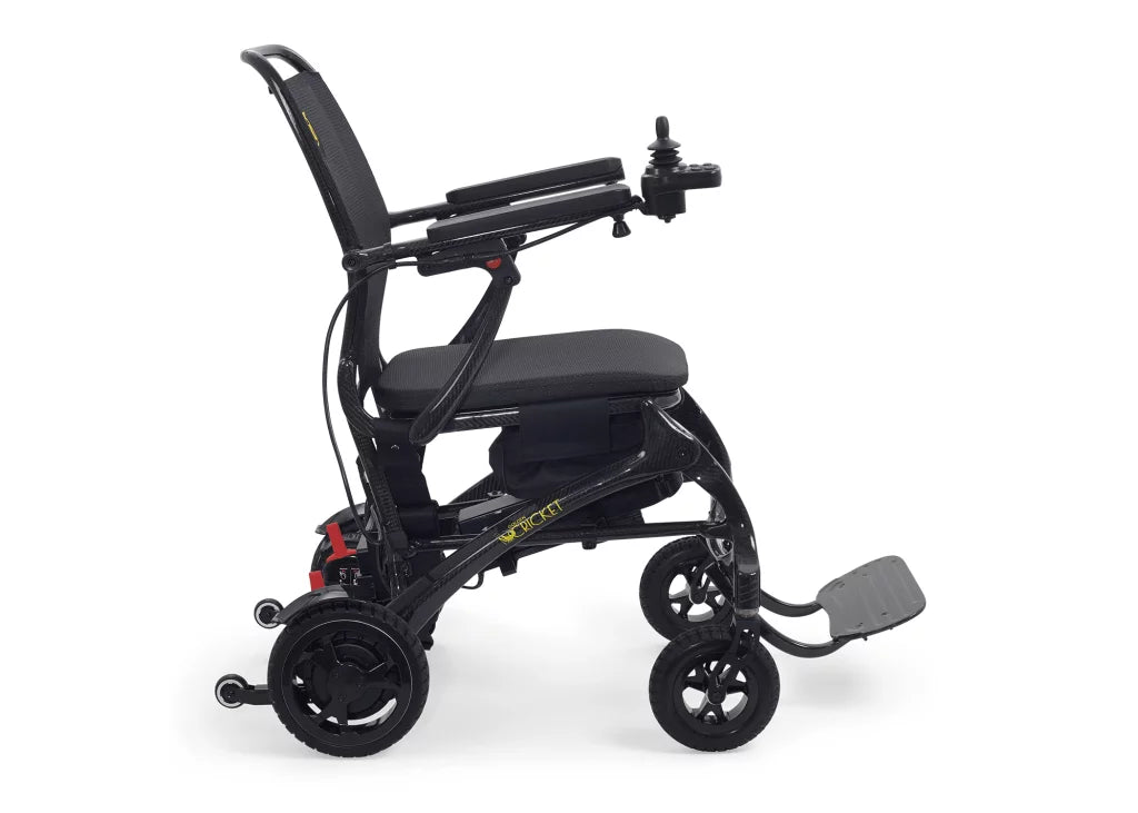 Golden Technologies Cricket Carbon Fiber Foldable Electric Power Chair side view with joystick controls