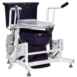 DIGNITY LIFTS BASIC TOILET LIFT mounted on purple toilet with white frame and remote control