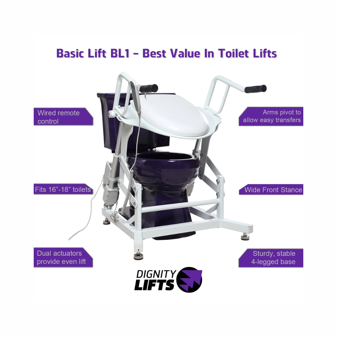 DIGNITY LIFTS BASIC TOILET LIFT with wired remote control and wide front stance for easy transfers