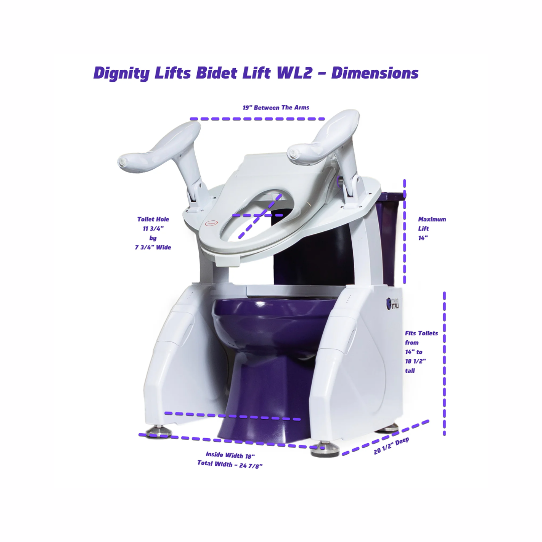Dignity Lifts Bidet Toilet Lift WL2 featuring adjustable dimensions for comfort and ease of use