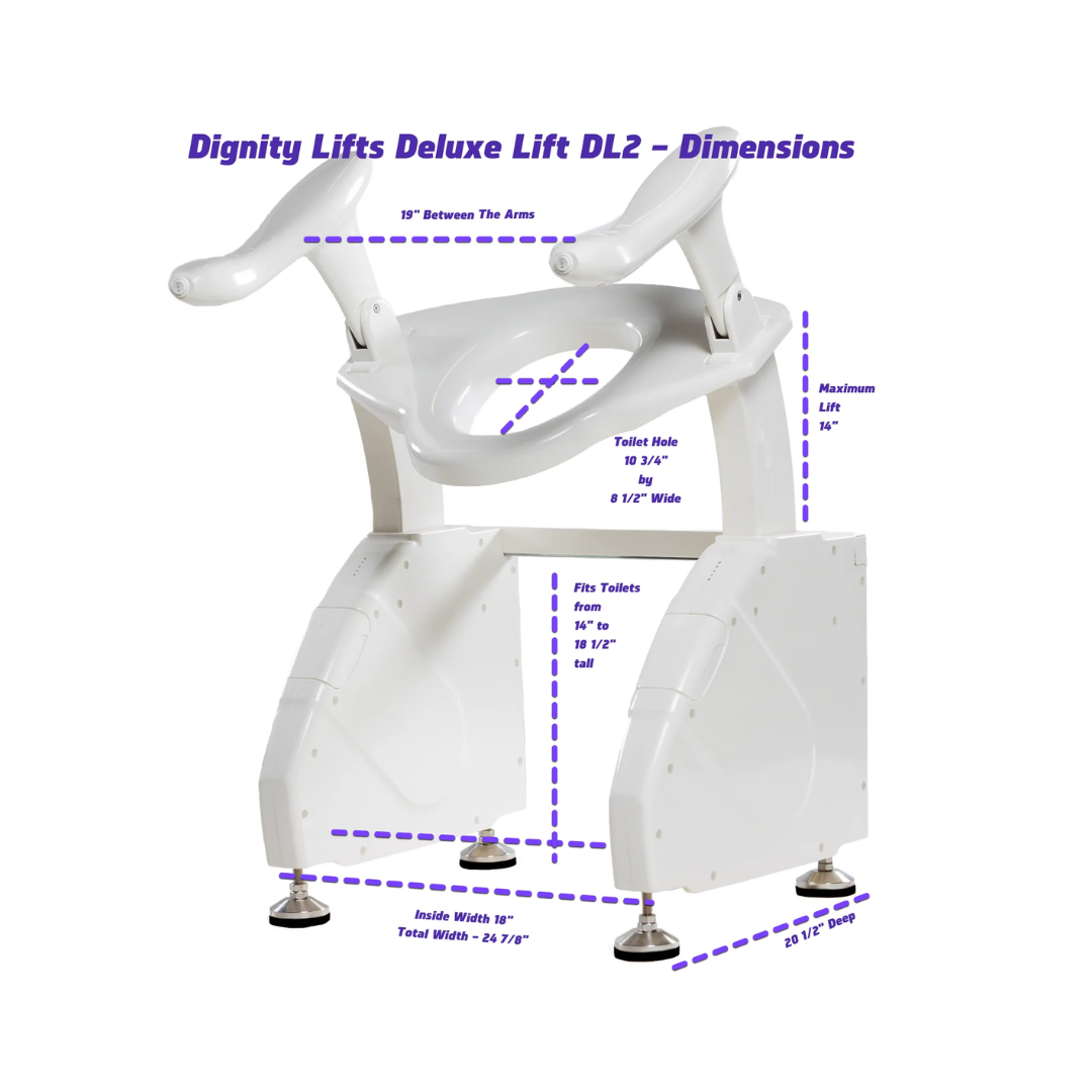 Dignity Lifts Deluxe Toilet Lift DL2 with adjustable arm width and dimensions for enhanced comfort