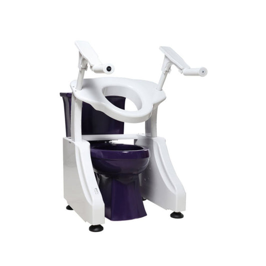 DIGNITY LIFTS DELUXE TOILET LIFT with white frame and purple toilet seat for enhanced accessibility