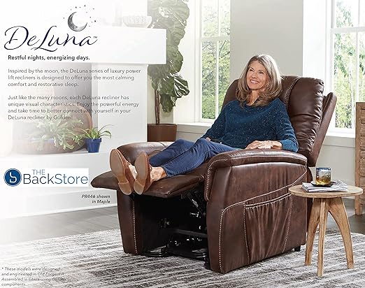 GOLDEN TECHNOLOGIES Dione Power Lift Chair Recliner PR446 in brown with a woman relaxing