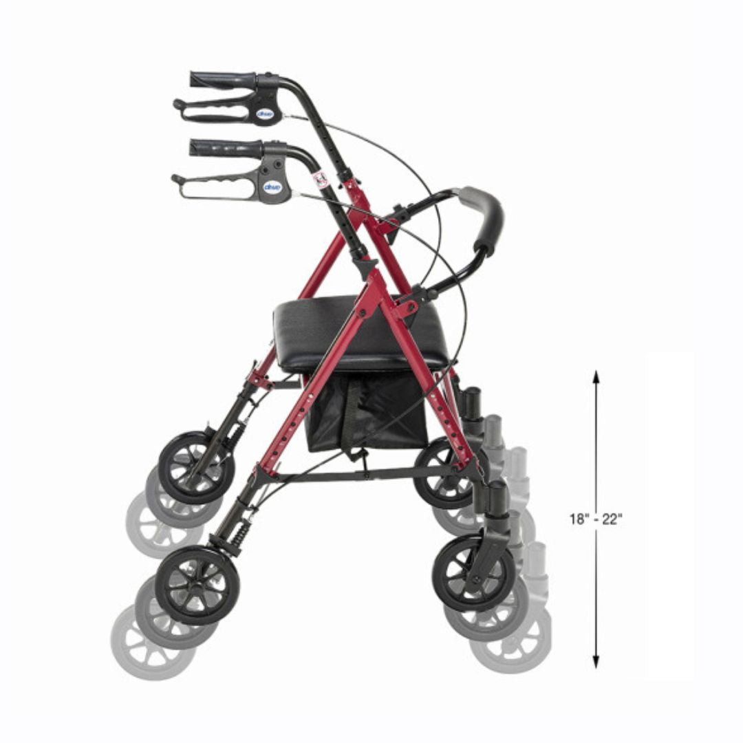 Drive Medical RTL10261BL Adjustable Height Rollator in red, showcasing height adjustment feature