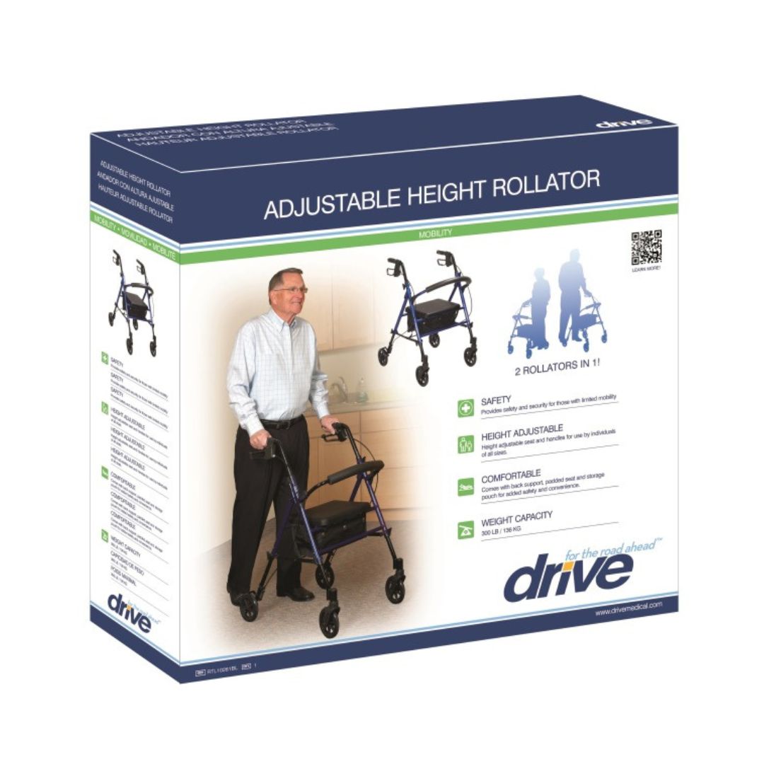 Drive Adjustable Height Rollator RTL10261BL in blue with user demonstrating mobility support