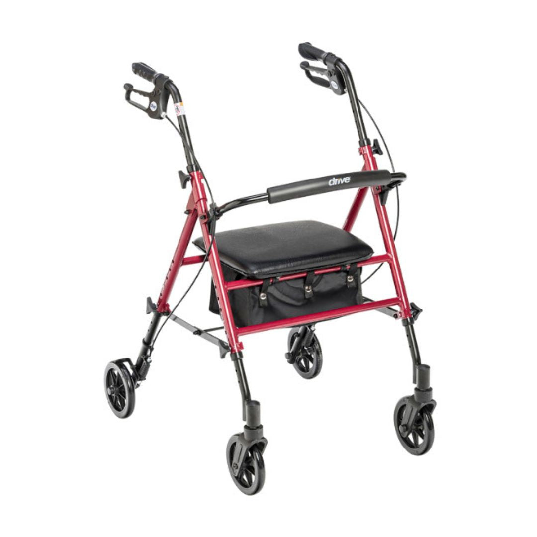Drive Adjustable Height Rollator RTL10261BL in red with seat and storage bag