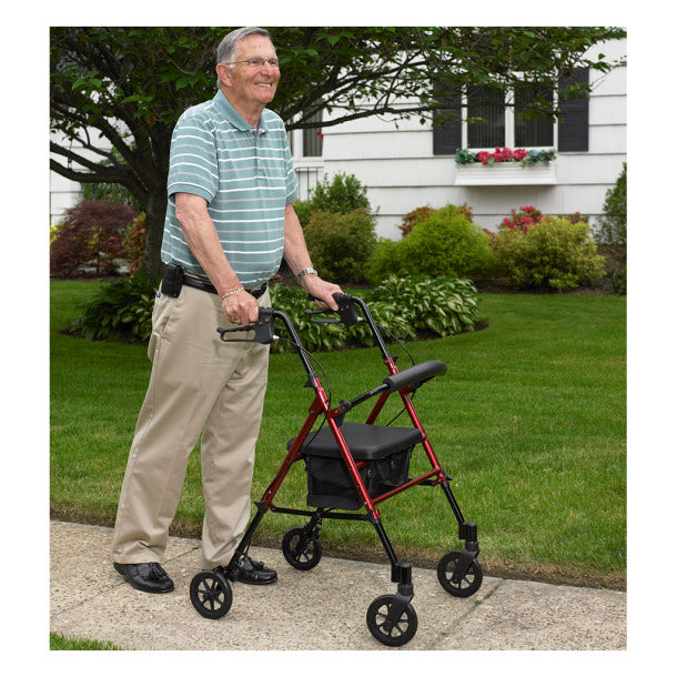 Drive Medical Drive Adjustable Height Rollator RTL10261BL in red with a user outdoors