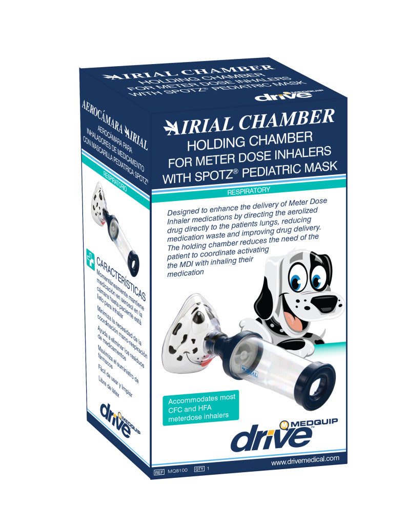 Drive Medical box showing Airial Spotz the Dog Mask with Meter Dose Inhaler Chamber. pediatric dog face mask and spacer