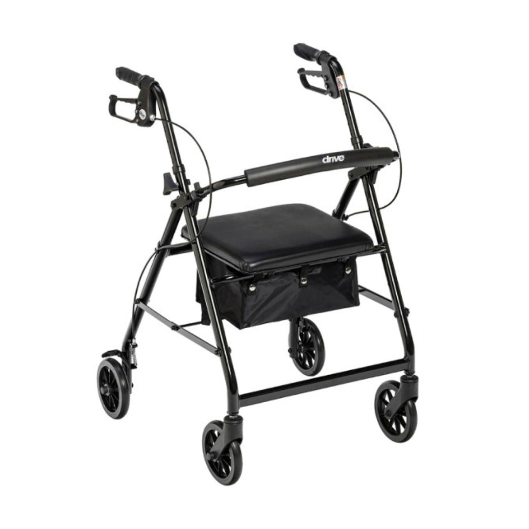 Drive Medical Aluminum Foldable Rollator Walker in black with lightweight design and storage seat
