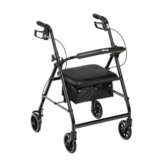 Drive Medical Aluminum Foldable Rollator Walker in black with lightweight design and storage seat