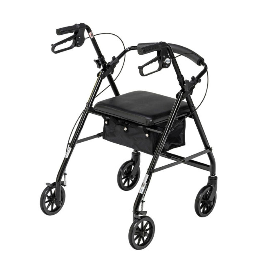 Drive Medical Aluminum Foldable Rollator Walker in black with padded seat and storage