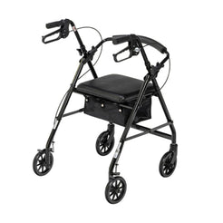 Drive Medical Aluminum Foldable Rollator Walker in black with padded seat and storage