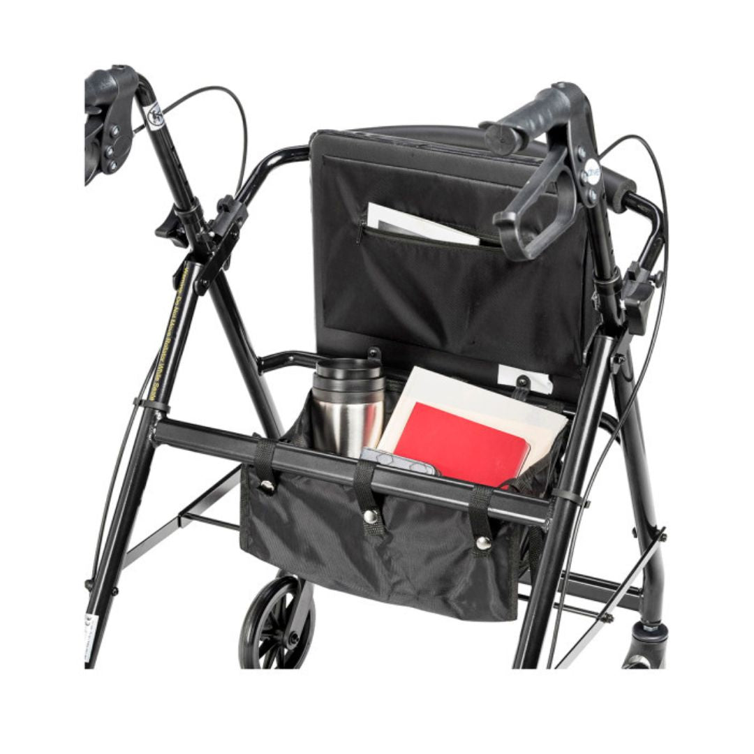 Drive Medical Aluminum Foldable Rollator Walker with storage compartment and black frame