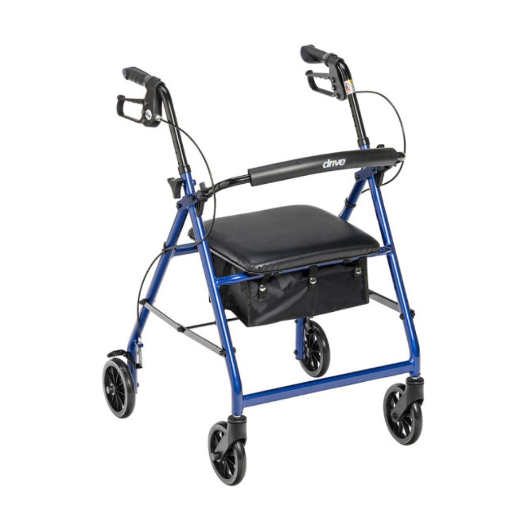 Drive Medical Aluminum Foldable Rollator Walker in blue with seat and storage pouch