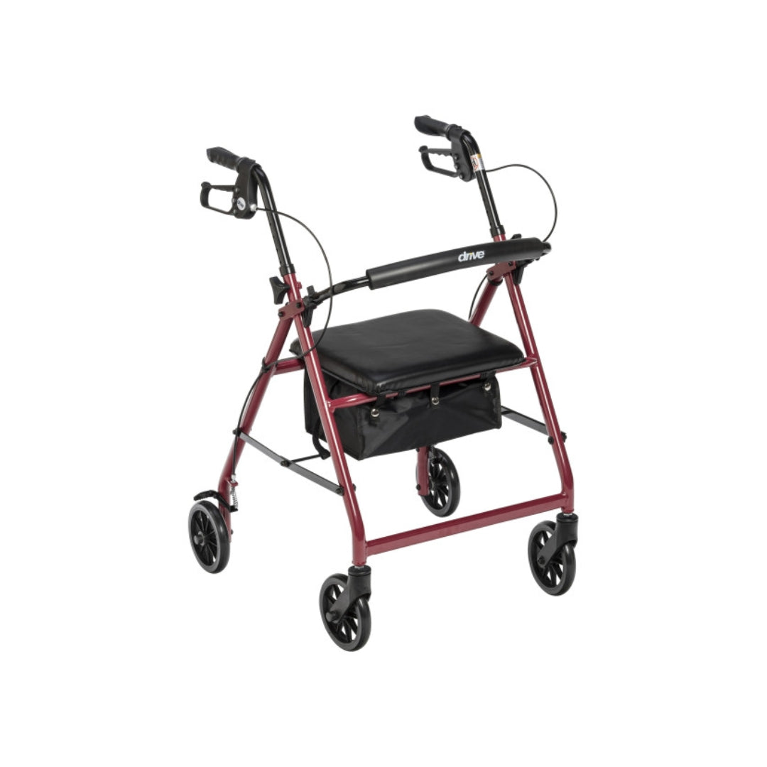 Drive Medical Burgundy Aluminum Foldable Rollator Walker with seat for easy mobility