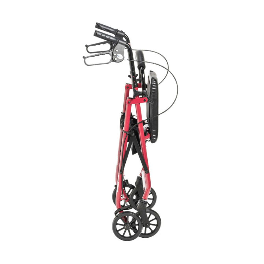 Drive Medical Aluminum Foldable Rollator Walker in red, folded for easy storage