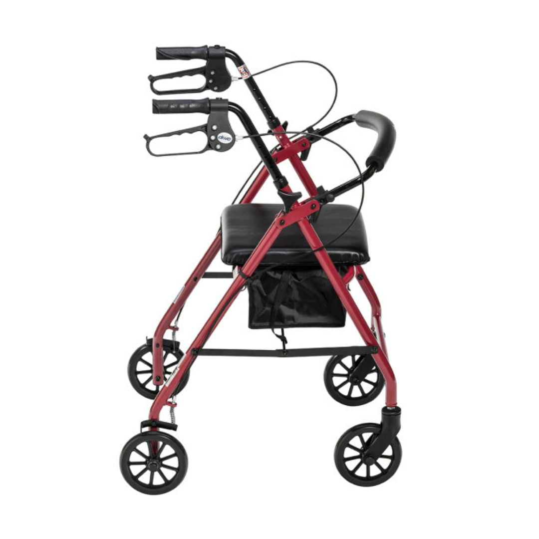 Drive Medical Aluminum Foldable Rollator Walker in red with adjustable handles and seat