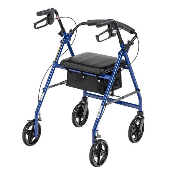 Drive Medical Blue Aluminum Rollator With Back Support And Padded Seat Front View