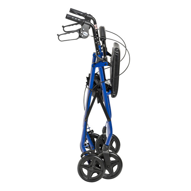 Drive Medical Aluminum Rollator With Back Support And Padded Seat in blue, folded for storage