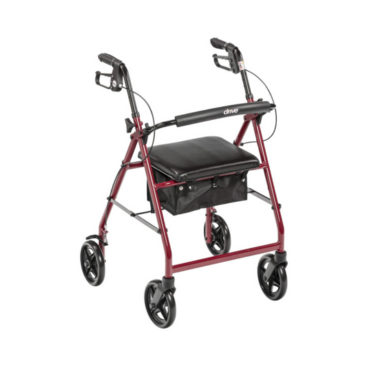Drive Medical Burgundy Aluminum Rollator With Back Support And Padded Seat, front view