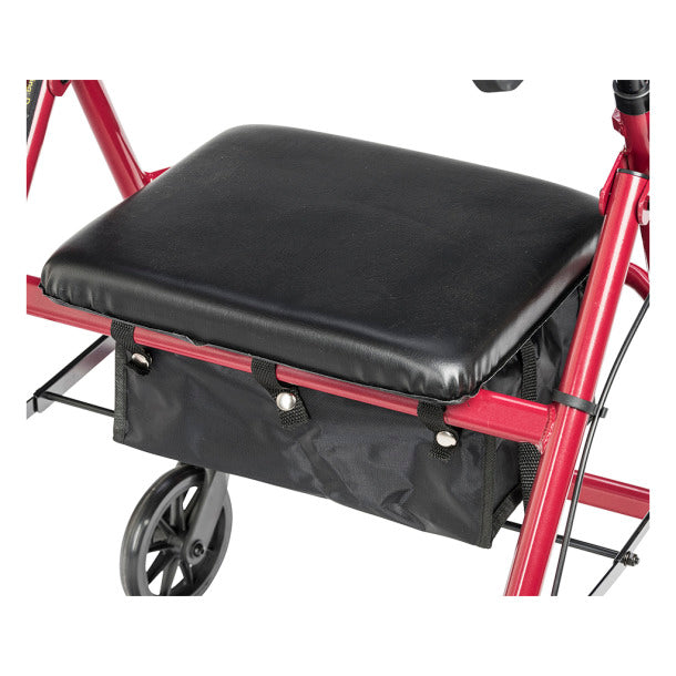 Drive Medical Red Aluminum Rollator With Back Support And Padded Seat, showing seat detail and storage