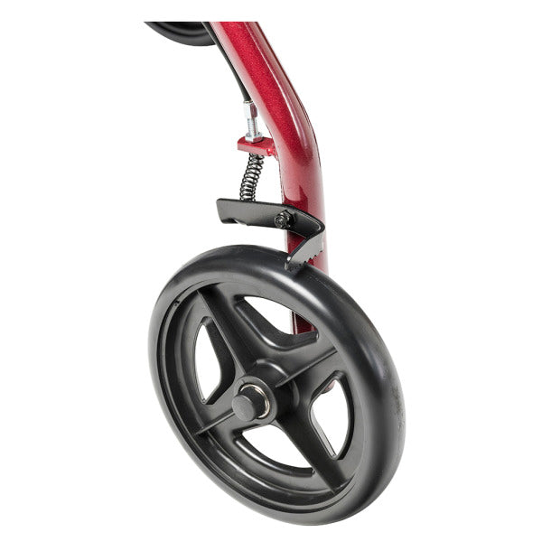 Drive Medical Aluminum Rollator With Back Support And Padded Seat, Red Color, Close-Up View of Wheel