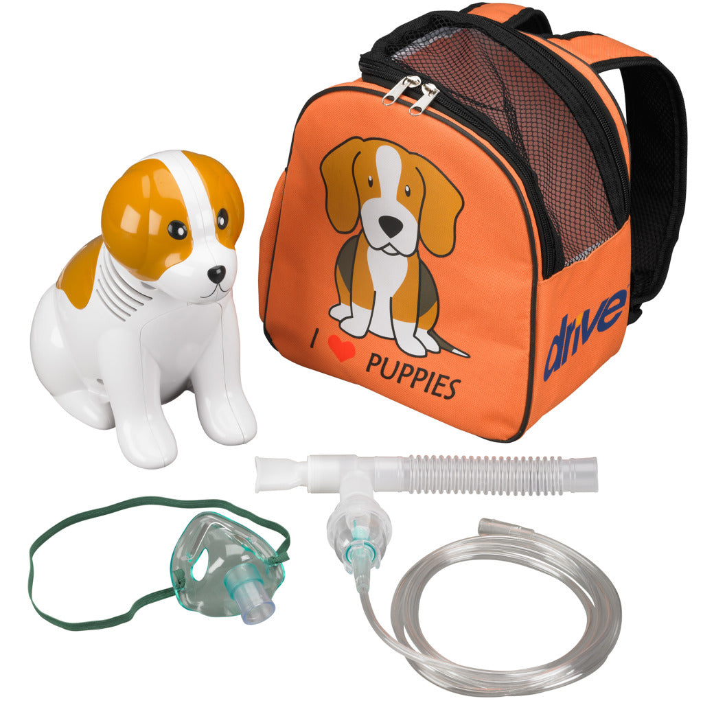Drive Medical Beagle Pediatric Compressor Nebulizer with dog shaped compressor orange backpack masks tubing