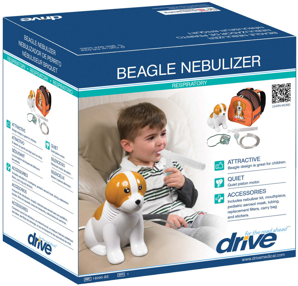 Drive Medical Beagle Pediatric Compressor Nebulizer packaging showing child using dog shaped nebulizer and accessories