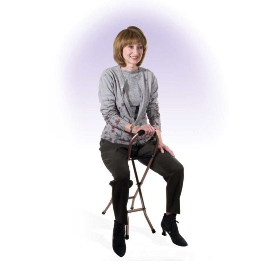 Drive Medical Cane Sling Seat Folding RTL10360 with a woman sitting comfortably