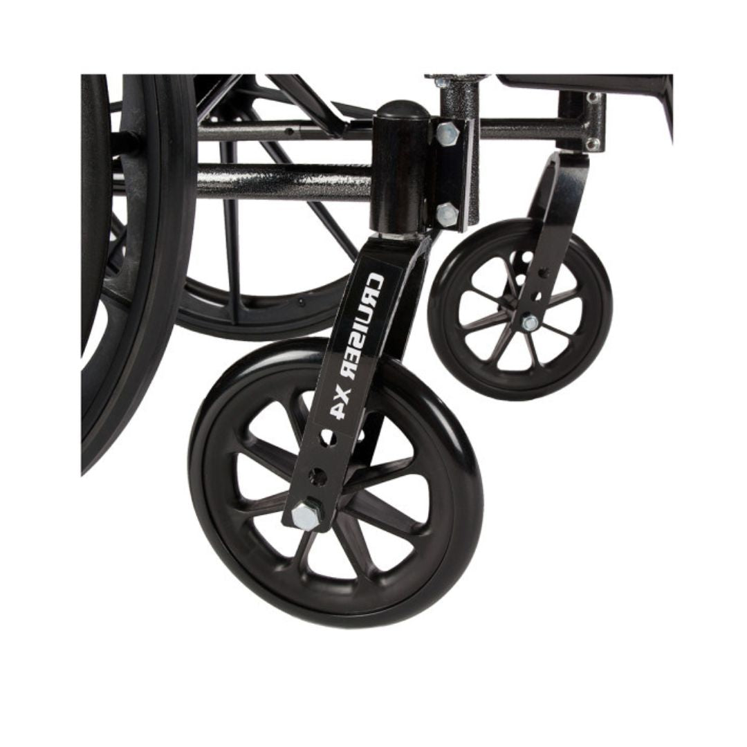 Drive Medical Cruiser X4 Lightweight Wheelchair close-up view of black wheel assembly