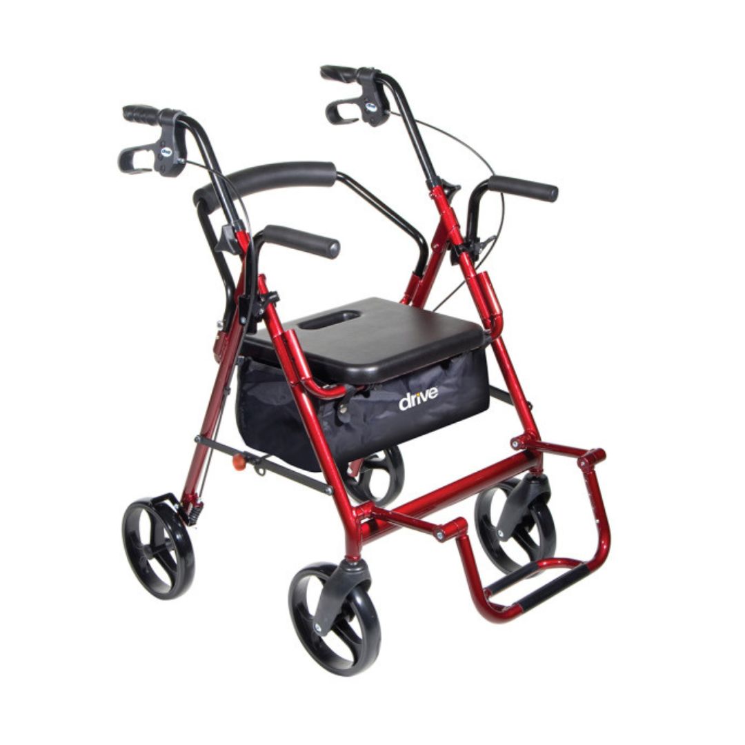 Drive Medical Duet Rollator Transport Chair 795BK in red with a seat and storage bag