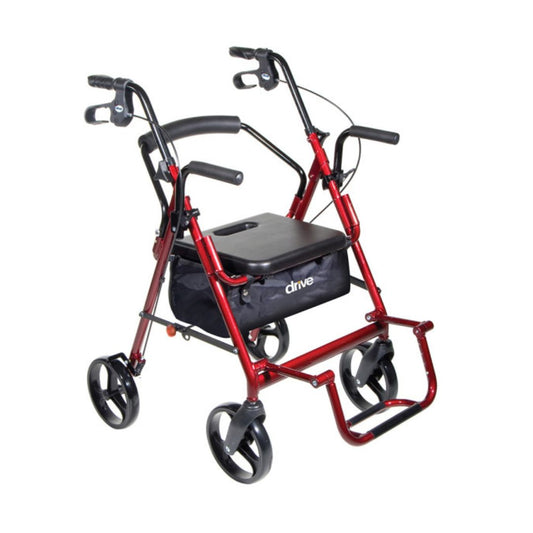 Drive Medical Duet Rollator Transport Chair 795BK in red with a seat and storage bag