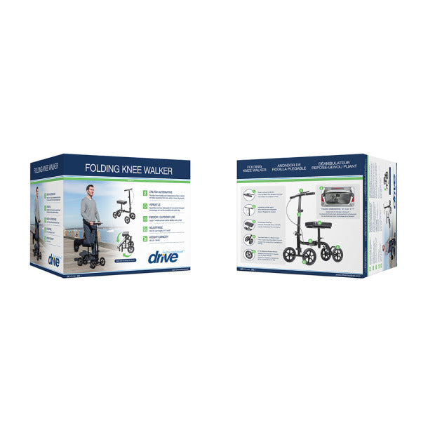 Drive Medical Economy Folding Knee Walker RTL799 packaging view showing features and specifications
