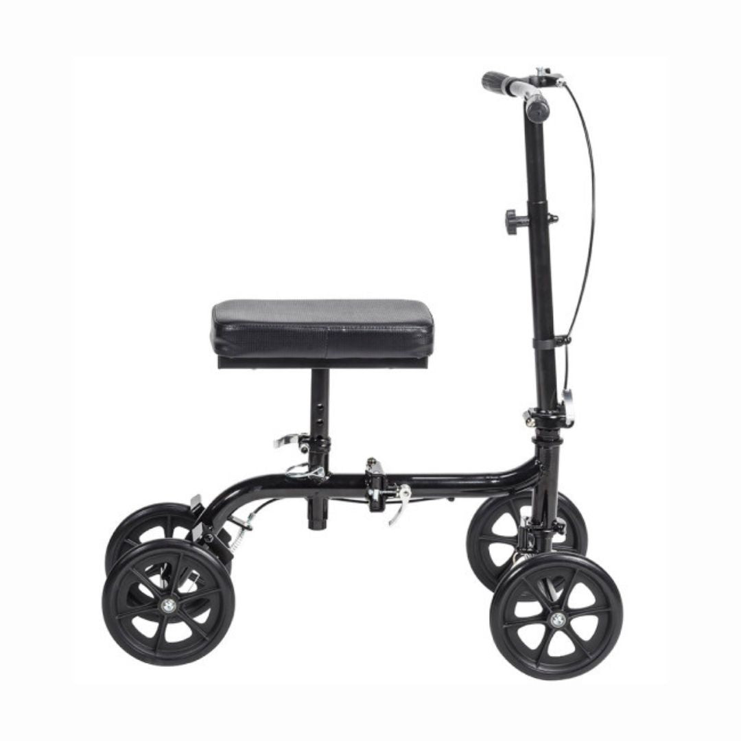 Drive Medical Economy Folding Knee Walker RTL799 in black with four wheels and a padded seat