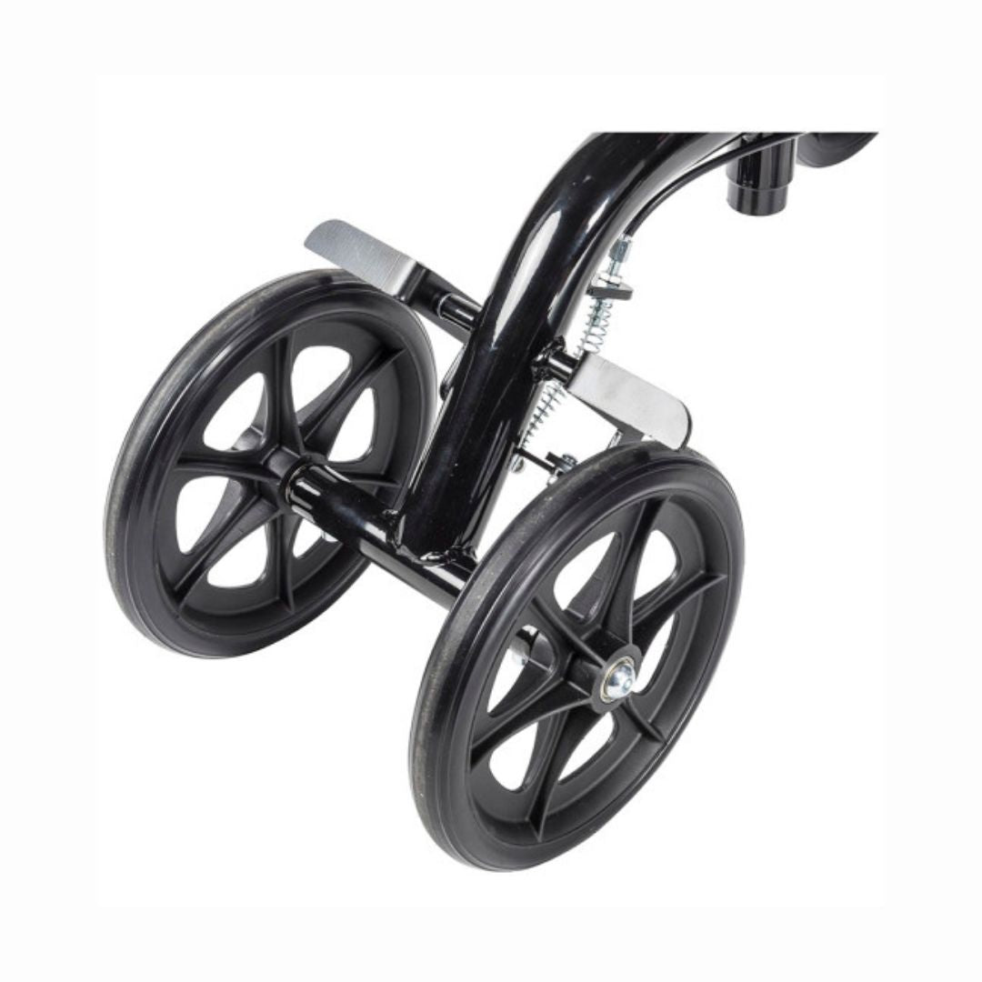 Drive Medical Economy Folding Knee Walker RTL799 with black wheels in close-up view