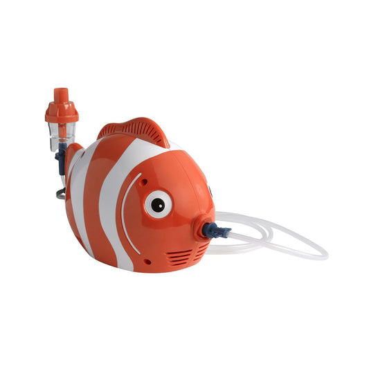 Drive Medical Fish Pediatric Compressor Nebulizer shaped like an orange clownfish with tubing and child mask