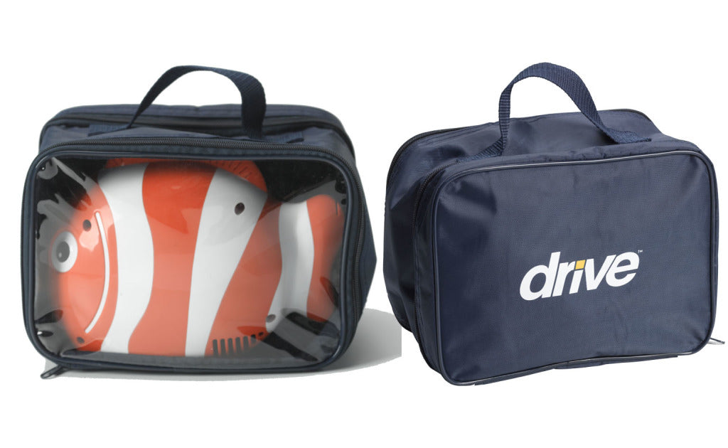Drive Medical Fish Pediatric Compressor Nebulizer in orange fish design inside clear travel case with logo bag