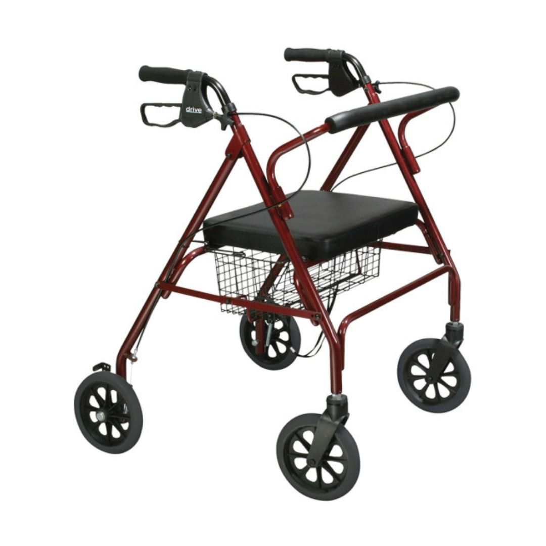 Drive Medical Go Lite Bariatric Steel Rollator in burgundy with padded seat and storage basket